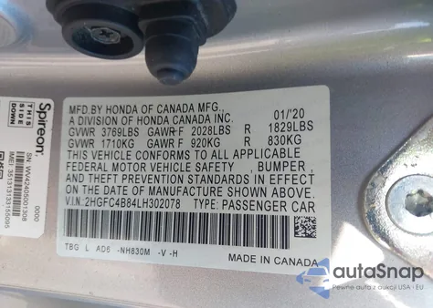 2020 Honda Civic Sport z USA, uszkodzony, nr VIN 2HGFC4B84LH302078